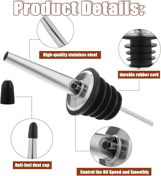 72 Pcs Stainless Steel Pour Spouts for Liquor Bottles with Rubber Dust Caps Tapered Bottle Pourers for Alcohol Olive Oil Wine Syrup Whiskey Bar Bartending Accessories