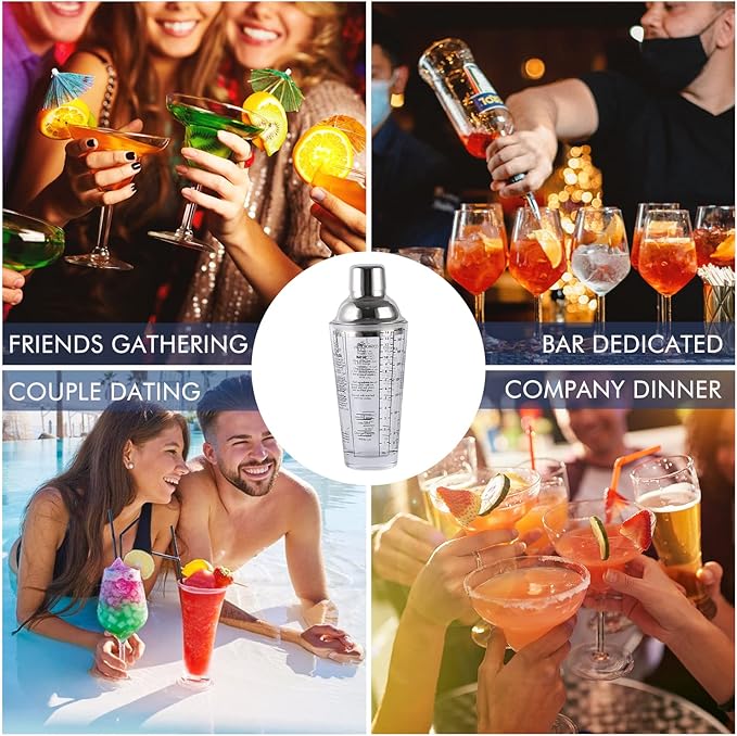 Cocktail Shaker Glass,Martini Shaker With Recipes on Side 13.5oz Mixed Drink Shaker with Glass Cup Professional Bar Tool with Scale Glass (Recipes)