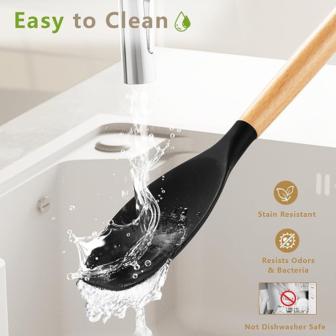 Silicone Cooking Utensils Set with Holder, 12 Pcs Heat Resistant Kitchen Utensils Set with Wooden Handle, BPA-free Spatula, Tongs, Spoons Set for Nonstick Cookware, Black