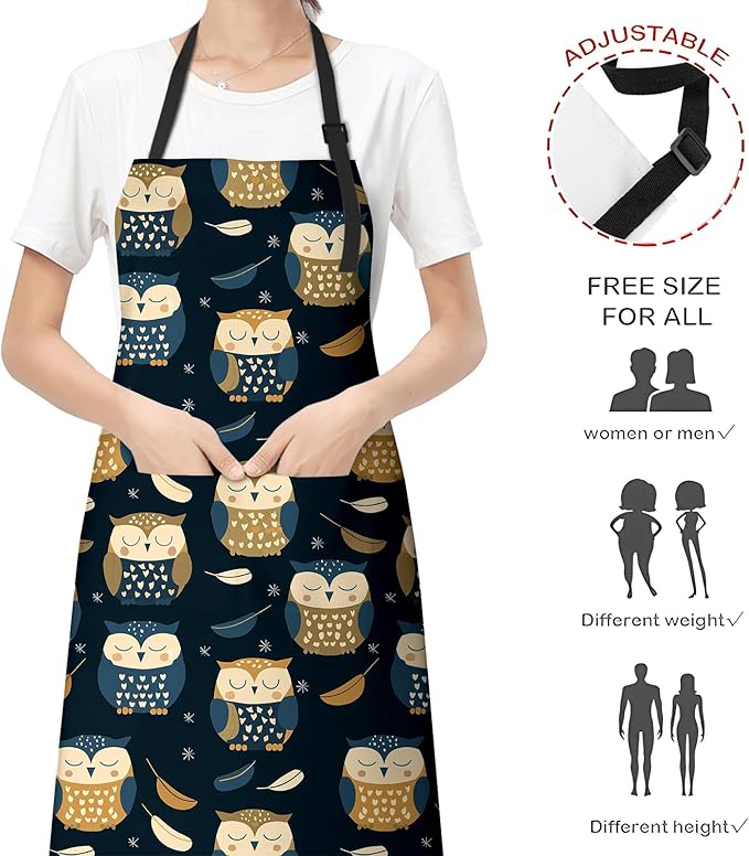 Adorable Owl Apron for Women Men, Cooking BBQ Chef Polyester Lightweight Playful Cartoon Bird Aprons with Pockets for Baking Kitchen Gardening Cleaning, Adjustable Neck Strap, 28×33inch