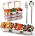 3 Pack Stainless Steel Snack Containers with Fork & Spoon, 3 Compartment Metal Bento Lunch Box with Leakproof Lids, Reusable Snack Bento Prep Containers for Home, Office, Travel