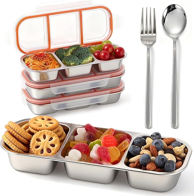 3 Pack Stainless Steel Snack Containers with Fork & Spoon, 3 Compartment Metal Bento Lunch Box with Leakproof Lids, Reusable Snack Bento Prep Containers for Home, Office, Travel
