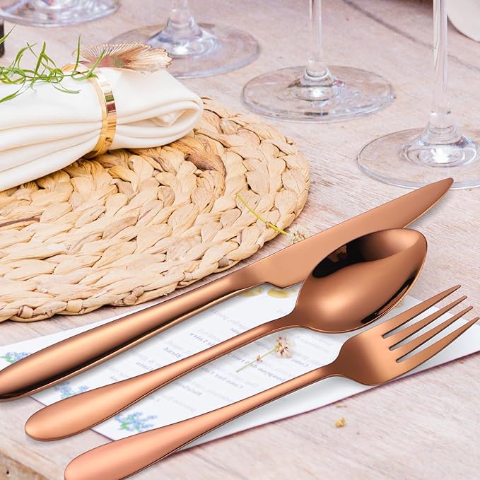 Copper Flatware Set 8 Stainless Steel Silverware 40 Pieces include Forks Spoons Knives Heavy Duty Durable for Home Kitchen Festival Parties Resturant Utensils