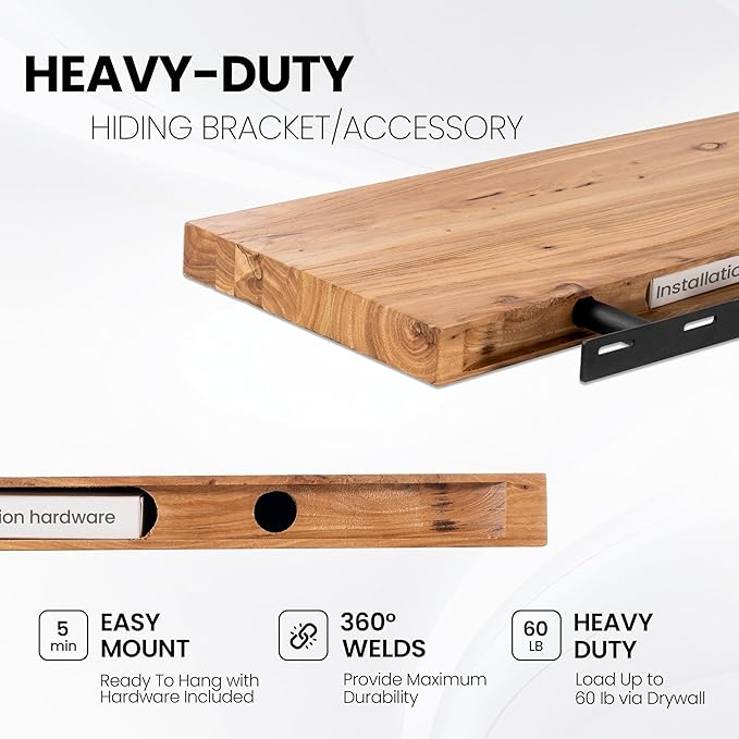 Fun Memories Floating Shelves for Wall Decor, Rustic Solid Elm Wood Live Edge Floating Shelves Wall Mounted, Heavy-Duty Shelf with Invisible Bracket for Living Room Kitchen, 36 Inch Set of 2, Natural