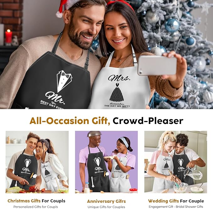 Couples Apron Set - Wedding Engagement Gifts for Couples, Funny Kitchen Gifts for Couples, Bridal Shower Gifts, Christmas