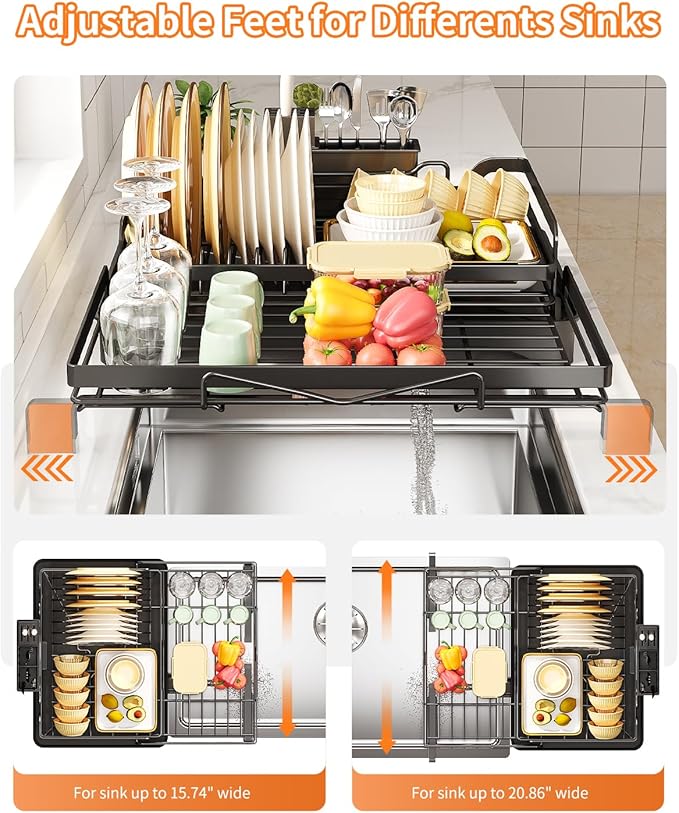 extendable Dish Drying Rack for Kitchen Counter,escurridor de platos,Metal Dish Strainer with Utensil Holder and Drainer (Black)