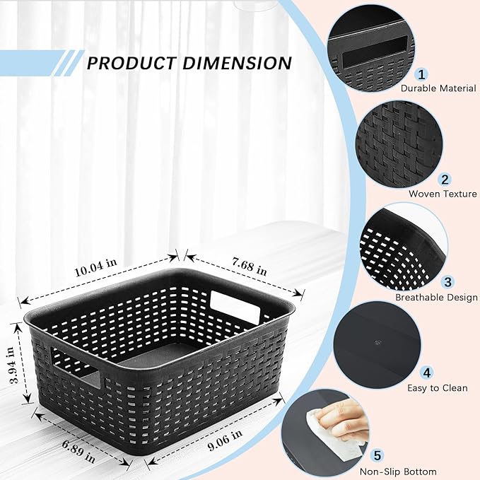Soddeph Plastic Storage Baskets for Cabinets, Household Pantry Organization with Handle,Organizer Bins for Room,Bathrooms,Under-Sink,Kitchen (Black, S-3PACK)