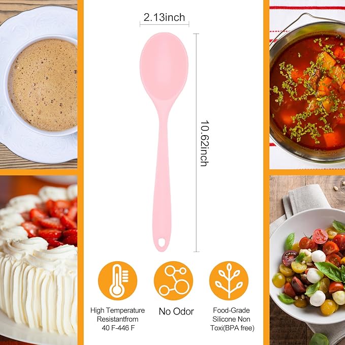 2 Pcs Silicone Nonstick Mixing Spoon,10.6Inch Silicone Spoons for Cooking Heat Resistant, Cooking Utensil for Kitchen Cooking Baking Stirring Serving (Pink)