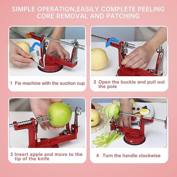 Apple Peeler, Stainless Steel Apple Corer Slicer Peeler, Durable Heavy Duty Die Cast Magnesium Alloy Apple Peeler Slicer Corer(Deepred)
