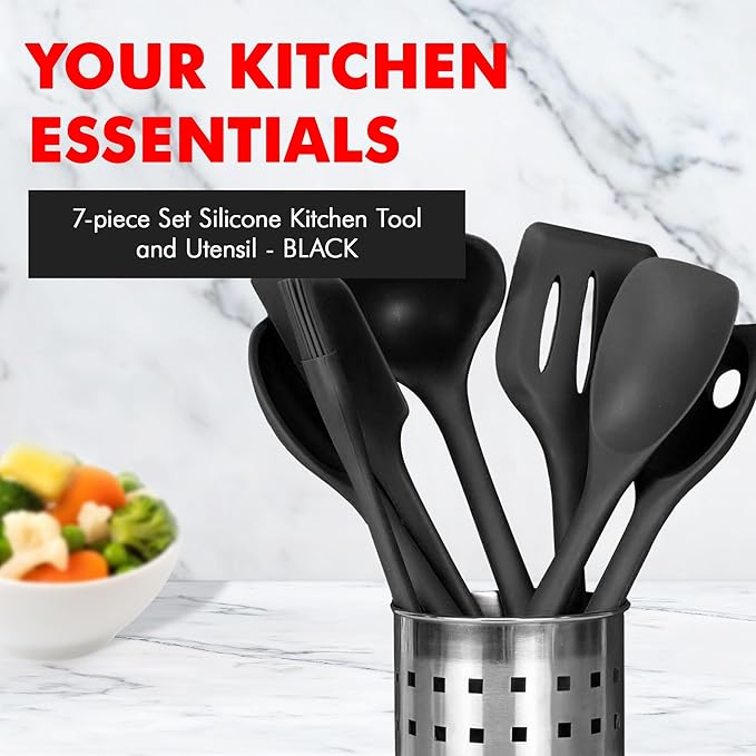 Chef Craft - Premium Silicone Kitchen Tools and Utensils Set, Non-Scratch, Withstands Temperatures up to 450°F, BPA-Free, 7 Piece Cooking Utensils Set, Black