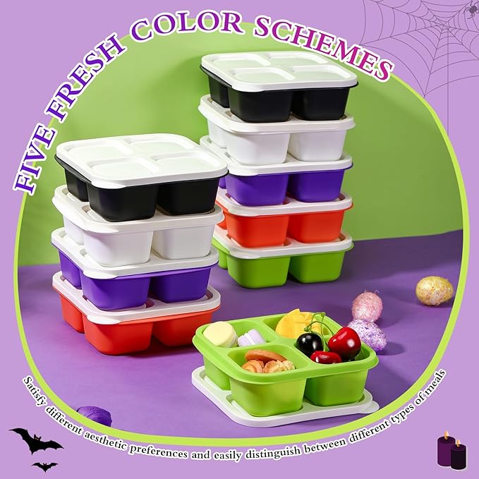 Honeydak 10 Pack Snack Container 4 Compartment Reusable Bento Snack Boxes Divided Lunchable Containers with Lids Meal Prep Lunch Food Storage Boxes for School Work Travel(Halloween Color)