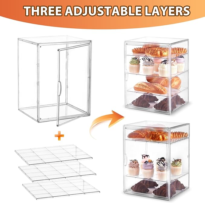 Pastry Display Case, Large Bread Box for Kitchen Countertop, 4 Layers Adjustable Bakery Display Case, Clear Breadbox for Baked Goods Cookie Dessert Cupcake Kitchen Counter, 2 Pack