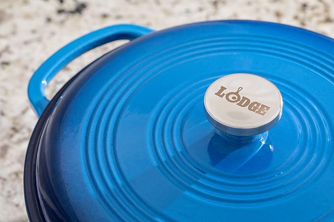 Lodge 7.5 Quart Enameled Cast Iron Dutch Oven with Lid – Dual Handles – Oven Safe up to 500° F or on Stovetop - Use to Marinate, Cook, Bake, Refrigerate and Serve – Caribbean Blue