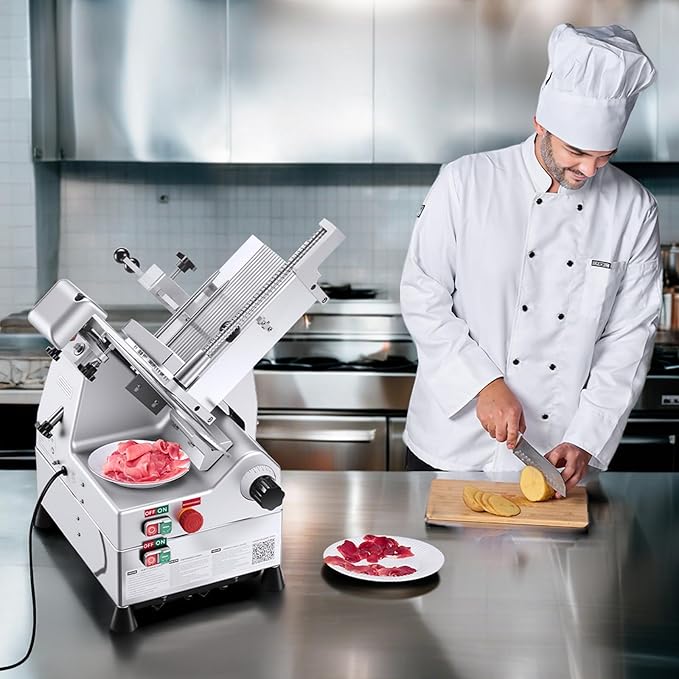 VEVOR Automatic Meat Slicer, 500W Electric Deli Slicer Machine with 10 inch Sharp 75Cr1 Steel Blade, 0-0.67 inch Adjustable Thickness, 633 RPM Fast Slicing, for Frozen Meat, Hard Cheese, and Bread