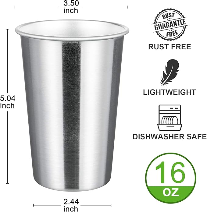 MEWAY Premium Stainless Steel Cups 16 oz Pint Cup Tumbler (16 Pack) - Premium Metal Cups - Stackable Durable Cup，Chilling Beer Glasses, for Travel, Outdoor, Camping, Everyday