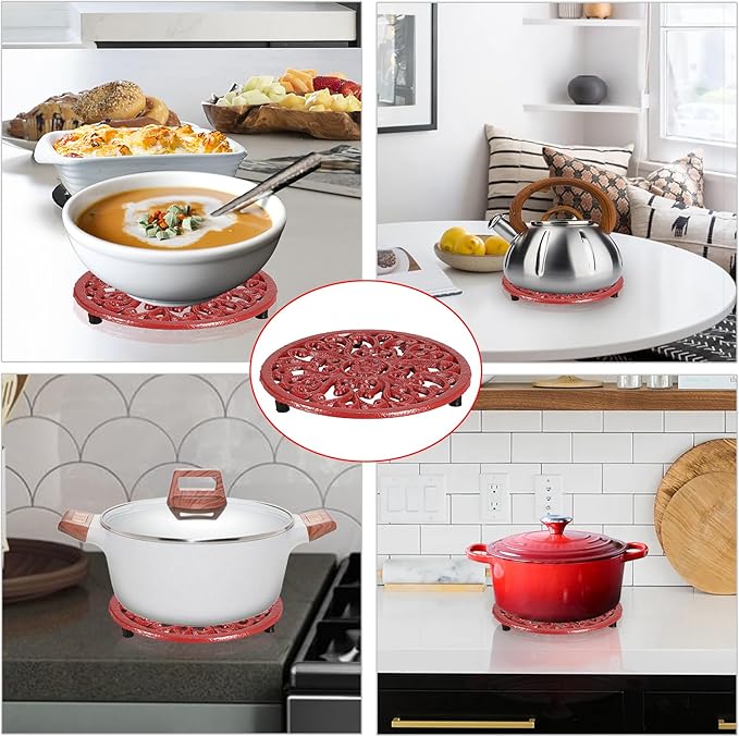 Sumnacon Cast Iron Trivet 6.7 Inch Iron Trivet for Hot Dish Pot Pan Plate Teapot,Heat Resistant Cast Iron Trivets with Rubber Feets for Kitchen Dining Table Cooktop Stove,Retro Red