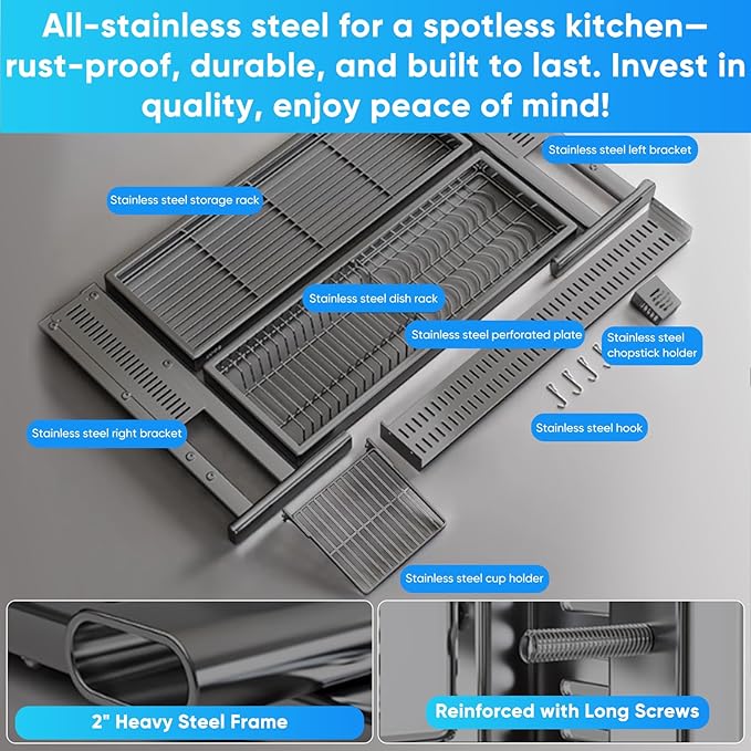 Large Over The Sink Dish Drainer Drying Rack，2 Tier Large Capacity Stainless Steel Dish Drying Rack Over Sink, Multifunctional Kitchen Organizers and Storage Dish Rack (Black, Double Layer)