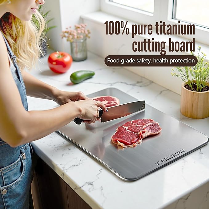 SHUWEICAO- 100% Pure Titanium Cutting Board for Kitchen, Cutting Edge Hygiene & Durability, Double Sided Medical Grade titanium cutting board for Meat Fruit & Vegetable, Easy to Store(11.4 * 7.87in)