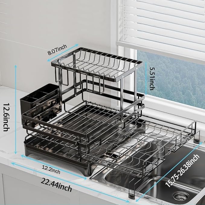 2 Tier Dish Drying Rack - Large Extendable Dish Rack, 2-in-1 Anti-Rust Stainless Steel Dishrack for Kitchen Counter and Sink, Dish Strainer with Utensil Holder & Cup Holder(Black)