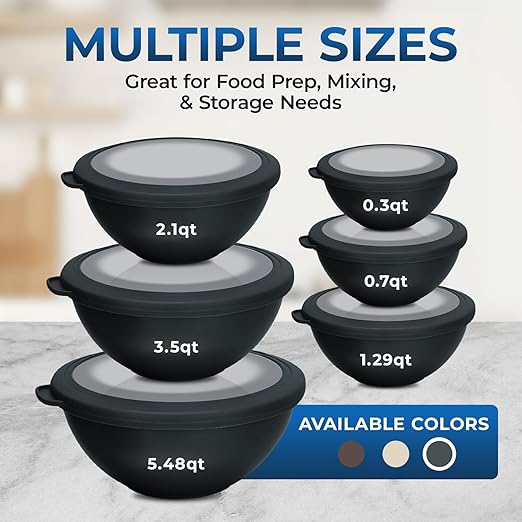 12 Piece Plastic Nesting Bowls with Lids - Mixing Bowls Set includes 6 Prep Bowls and 6 Lids, BPA-Free, Reusable Meal Prep Containers, Microwave, Freezer & Dishwasher Safe, Gray