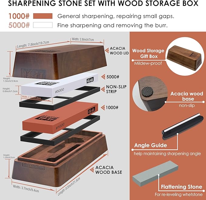 SHAN ZU 2 Pcs Knife Sharpener Stone Set with Storage Box Whetstone Grit 1000/5000 Knife Sharpening Stone with Non-Slip Silicone Base and Angle Guide Whetstone Knife Sharpening Kit for Kitchen Knives