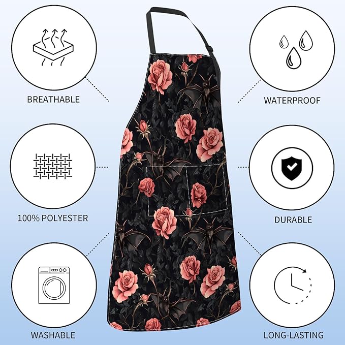 Gothic Apron for Women Men with Bat Rose,28x33in,Goth Kitchen Dark Aprons with 2 Pockets, Oxford Fabric,Halloween Adjustable Apron for Cooking Baking Gardening Chef,Gifts for Mom Wife