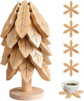 Wooden Trivets for Hot Dishes, 5Pcs Moso Bamboo Christmas Tree Coaster Set with Storage Stand for Pots, Pans & Plates