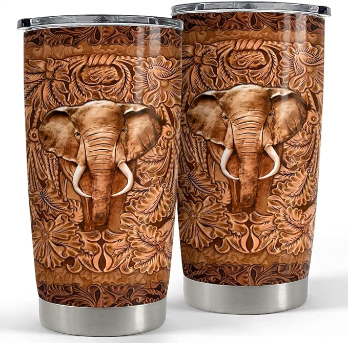 SANDJEST Elephant Tumbler Wood Drawing Style 20oz Tumblers with Lid Gift for Women Girl Daughter Sister Animal Lovers Christmas Birthday