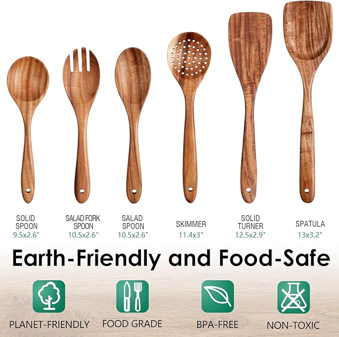 Wooden Spoons for Cooking, 6-Piece Natural Teak Wood Cooking Utensils Set – Wooden Kitchen Utensils Set with Smooth Finish Comfort Grip, Nonstick Safe Non-Toxic Wooden Cooking Tools by