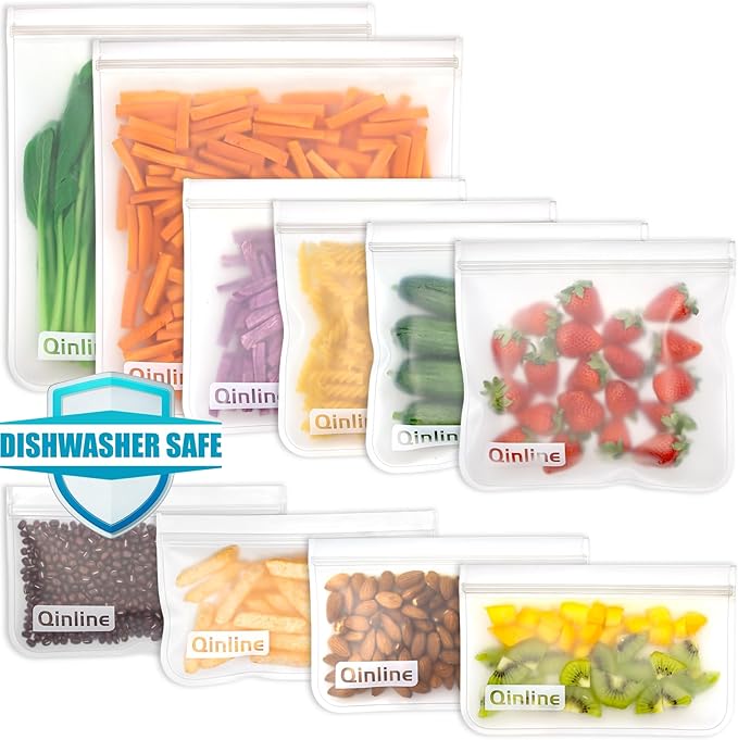 Reusable Food Storage Bags - 10 Pack Freezer Bags, Reusable Bags , Extra Thick Leakproof Reusable Lunch Bag for Salad Fruit Snack Travel - 2 Gallon 4 Sandwich 4 Snack Bags