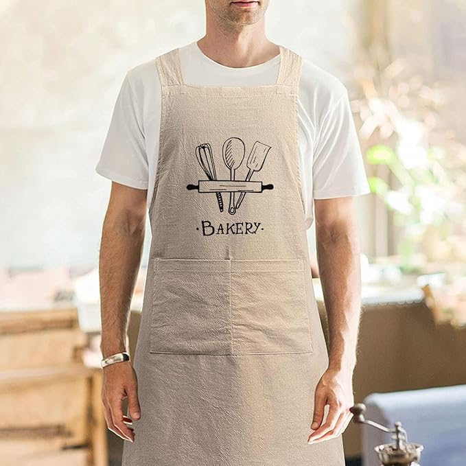 Cotton Linen Apron Non-tie Cross Back Kitchen Apron with Pockets Soft Comfortable Durable for Cooking Baking Gardening (Khaki,Bakery)