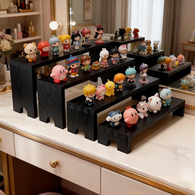 Wooden Display Stand Wood Tiered Racks, 2 Set 8 Piece Wood Display Shelf for Cupcake,Jewelry,Card, Vendor Events, Table Shelves Wooden Riser Organizer Dessert Showcase-Black