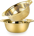 Colander 304 Stainless Steel 4-quart with Mixing Bowls, Strainer for Kitchen Food For washing vegetables, fruit, rice, Dishwasher Safe. (Gold 2PC)