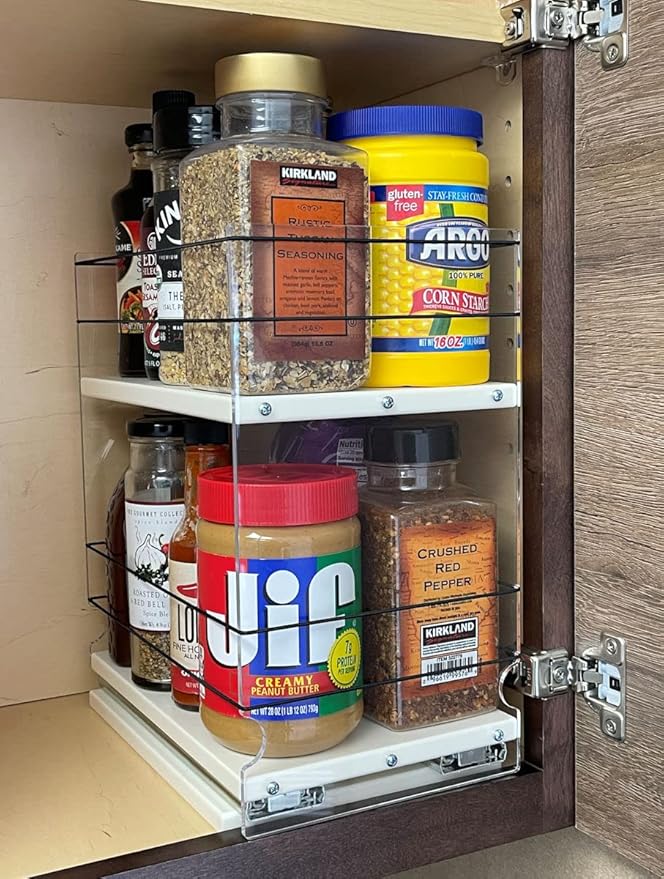 Vertical Spice - Pull Out Cabinet & Pantry Organizer Drawer - Sliding Drawers for Inside Cabinets - 2 Tiers - 6.9" x 12.25" x 10.6" (Cream, Partially Assembled)