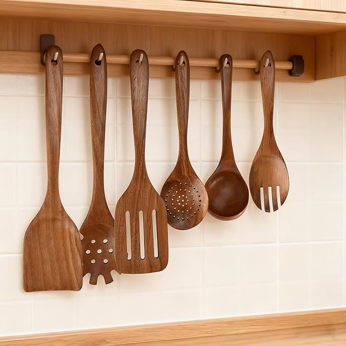 Wooden Spoons for Cooking,6PCS Teak Wood Cookware Utensil Set,Lightweight,Durable and Heat-Resistant – Easy to Clean, Perfect for Non-Stick Cookware