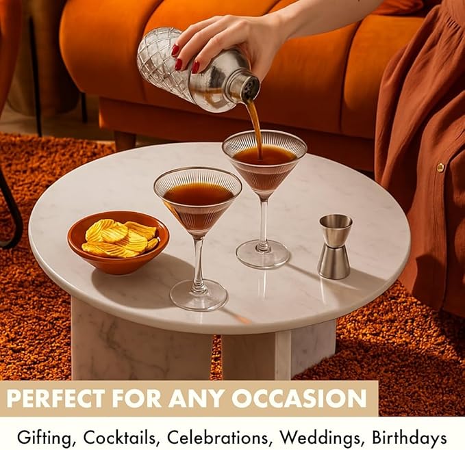 VEMACITY - Ribbed Martini Glasses Set of 4 | Silver Bar Tools - 8oz Coupe Cocktail Glasses | Espresso Martini, Margarita, Manhattan, Cosmopolitan - Art Deco Cocktail Gift Set | Ideal for Christmas
