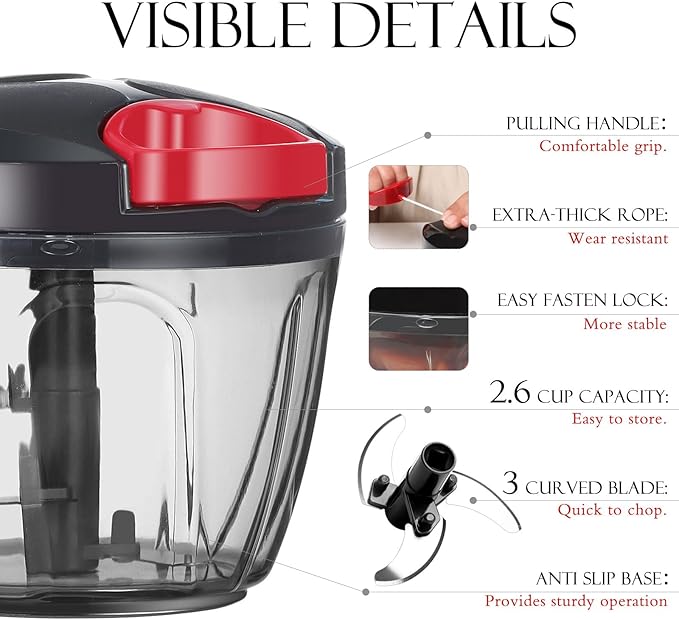 Ourokhome Manual Food Processor Vegetable Chopper, Portable Hand Pull String Garlic Mincer Onion Cutter for Veggies, Ginger, Fruits, Nuts, Herbs, etc., 650ml, Black