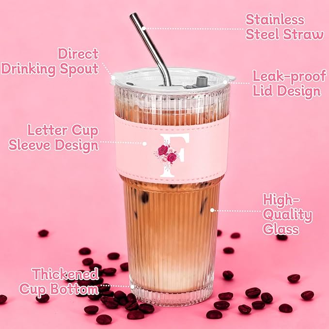 Personalized Gifts for Women,20oz Ribbed Glass Tumbler,Monogrammed Gifts for Women,Birthday Gift,Ice Coffee Mug,Christmas Gift for Mom Sister-F