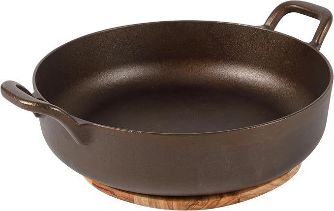 Bloomhouse - Two Time Oprah's Favorite Things Winner - Natural Bronze Finish 13" Round Cast Iron Everyday Pan – Olive Oil Treated Surface w/Dual Handles Olive Wood Trivet Oven Stovetop Campfire Safe