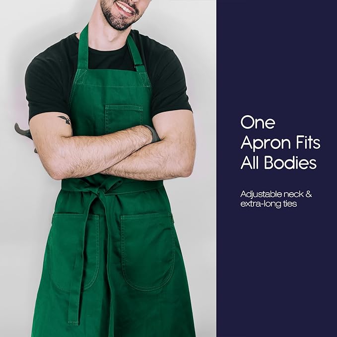 Unisex Apron with Pockets for Cooking, Salon & Art - 100% Cotton Adult Kitchen, Chef, Stylist Apron (Green)