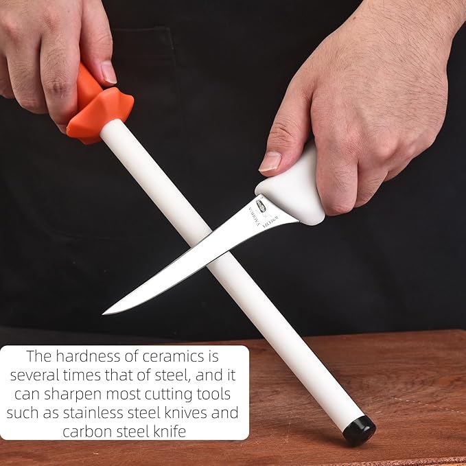 Ceramic Rod Knife Sharpener,10 inch Ceramic Honing Rod,Sharpening Steel for Kitchen Chef Knives, Steak Blades,Ergonomic Design&Comfortable Handle, Protective Cap,Professional Sharpening Stick