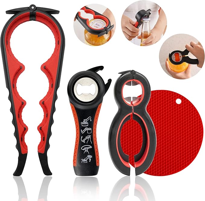 Jar Opener for Weak Hands, Easy Twist Jar Opener For Seniors with Arthritis, 5 in 1 Multi Function Bottle Opener Lid Opener For Arthritic Hands with Non Slip Rubber Jar Gripper Pad (Red)