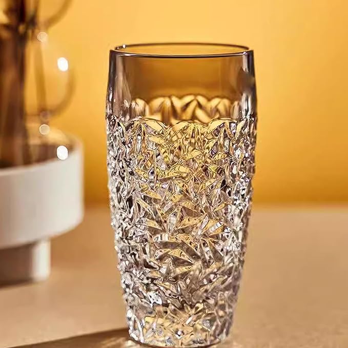 Set of 4 Luxury Highball Glasses - 14oz Cut-Glass Water Drinking Cups - Stackable Collins Glass for Tiny Kitchens, Dishwasher Safe, Elegant Glassware Set Fits Wedding, Christmas