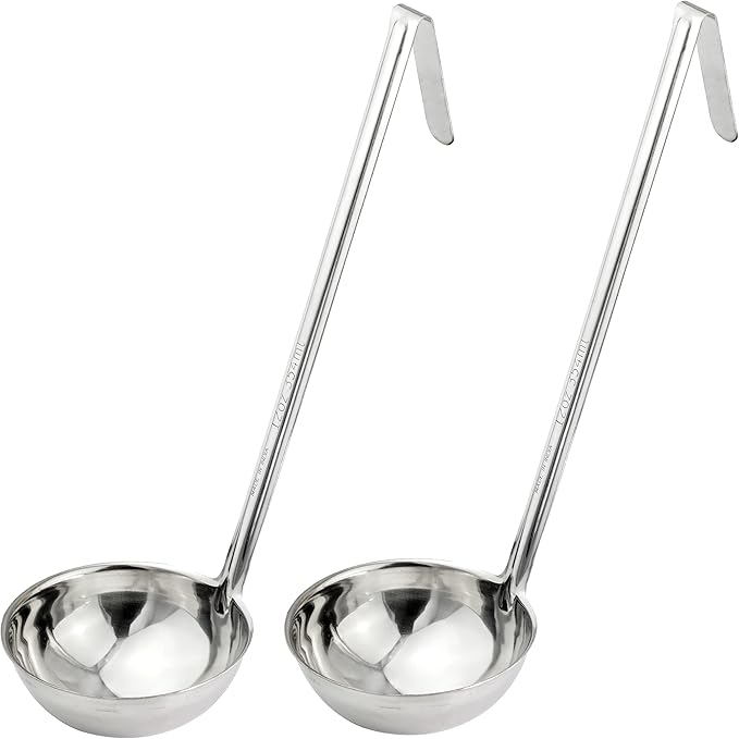 Fit Meal Prep Stainless Steel Soup Ladle - One-Piece Sauce Spatula with Hook Handles, Commercial Grade Serving Spoon, Kitchen Tool for Restaurant or Home Cooking, 14.75” Long - [Pack of 2] 12 Oz