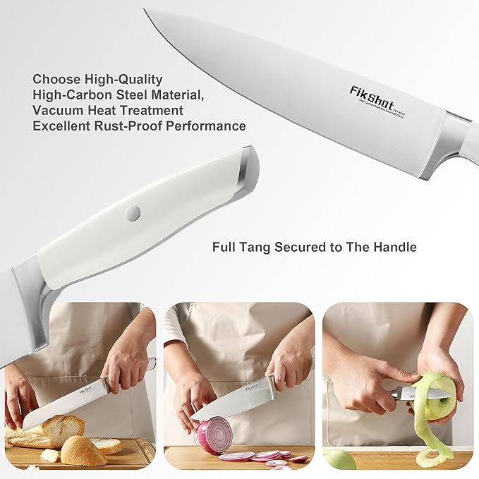 Knife set, Fikshot 14-Piece White knife set with Block, Elegant White Kitchen Knife Set for Ladies, Stainless Steel Knife Set with Sharpener, Dishwasher Safe (WHITE)