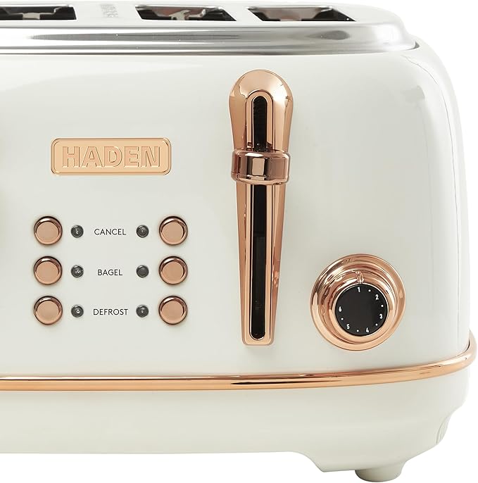 Haden Heritage 4 Slice Wide Slot Stainless Steel Toaster with Adjustable Browning Control & Non-Slip Feet, Ivory & Copper