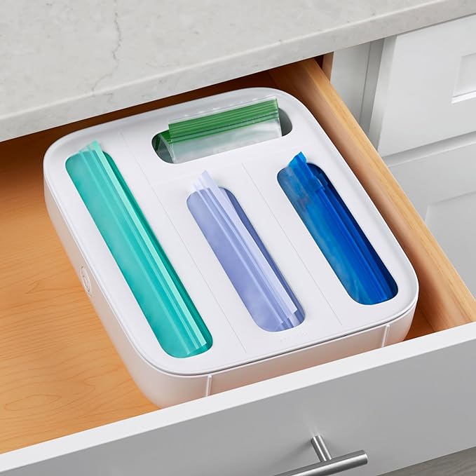 StoraBag Drawer Food Bags Dispenser, 4-Slot, Plastic Sandwich Bag Organizer for Kitchen Storage, White