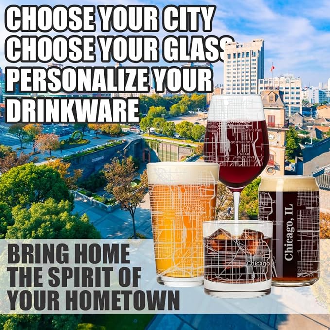 Blue Ridge Mountain Gifts - Chicago Souvenir - Illinois Glassware Gift, Etched City Map, Laser Engraved and Dishwasher Safe