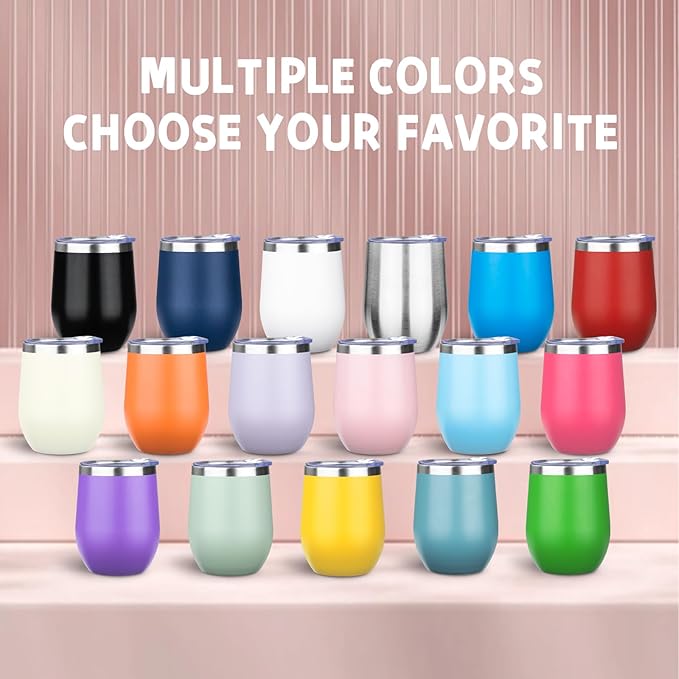 12oz/6 Pack Stainless Steel Wine Tumbler with Lid and Straw, Double Wall Vacuum Insulated Wine Tumbler Glasses, Stemless Travel Mugs for Hot and Cold Drinks, Coffee, Wine, Cocktails