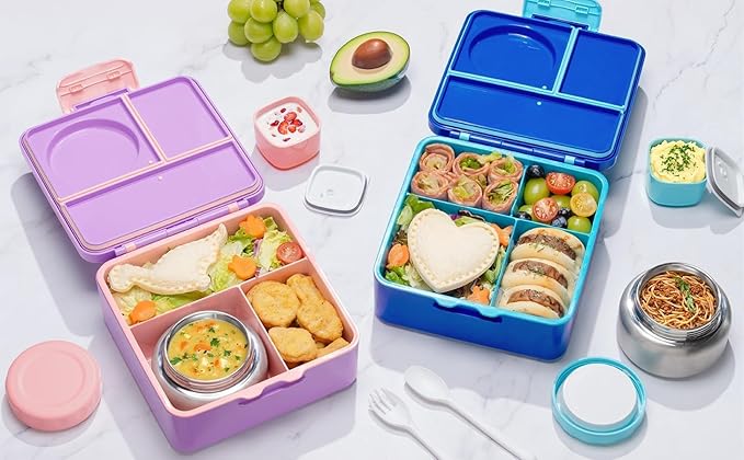 Fimibuke Bento Lunch Box for Kids Adult, 3-4 Compartment 60OZ Toddler Lunch Box Container with Leakproof 8OZ Insulated Food Jar, Sauce Jar, Utensil for School Boys Girls, BPA-Free Dishwasher Safe